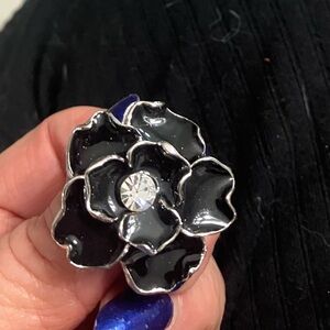 Vintage silver tone and black enamel ring rhinestone center adjust